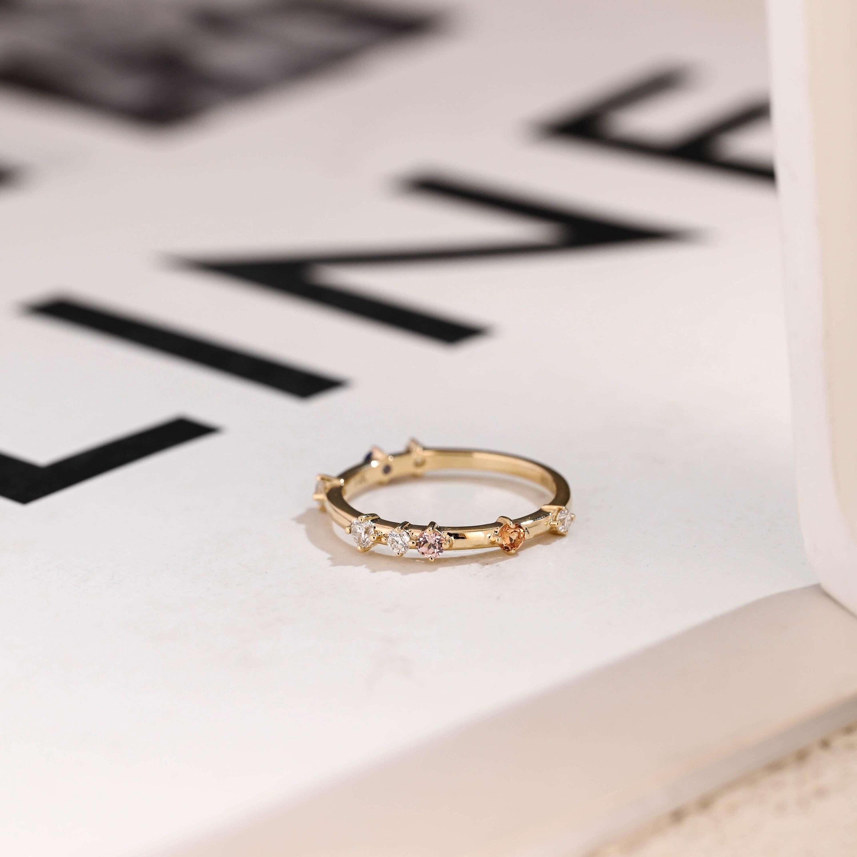 Dainty Solid Gold Ring with Gemstones, Minimalist Stacking Ring Main image
