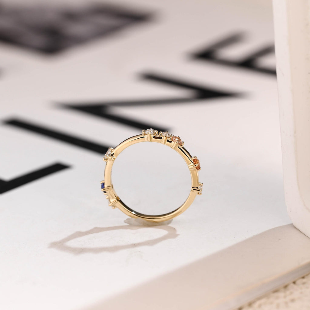 Dainty Solid Gold Ring with Gemstones, Minimalist Stacking Ring