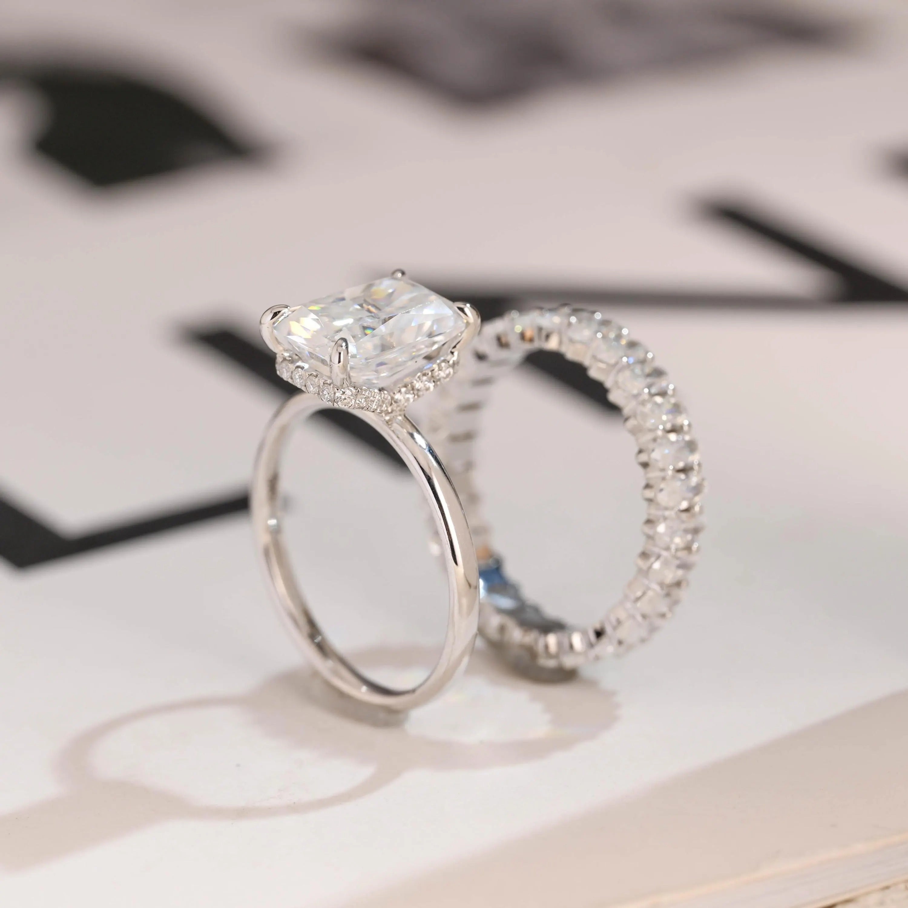 Solid Gold Crushed Ice Radiant Moissanite Wedding Band Set