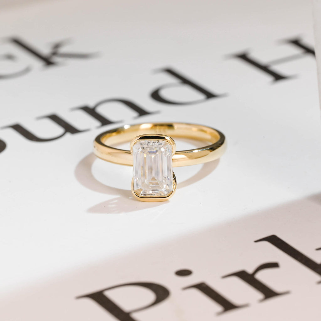Solid Gold Emerald Cut Moissanite Half Bezel Engagement Ring, Anniversary Gift,