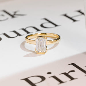 Solid Gold Emerald Cut Moissanite Half Bezel Engagement Ring, Anniversary Gift,