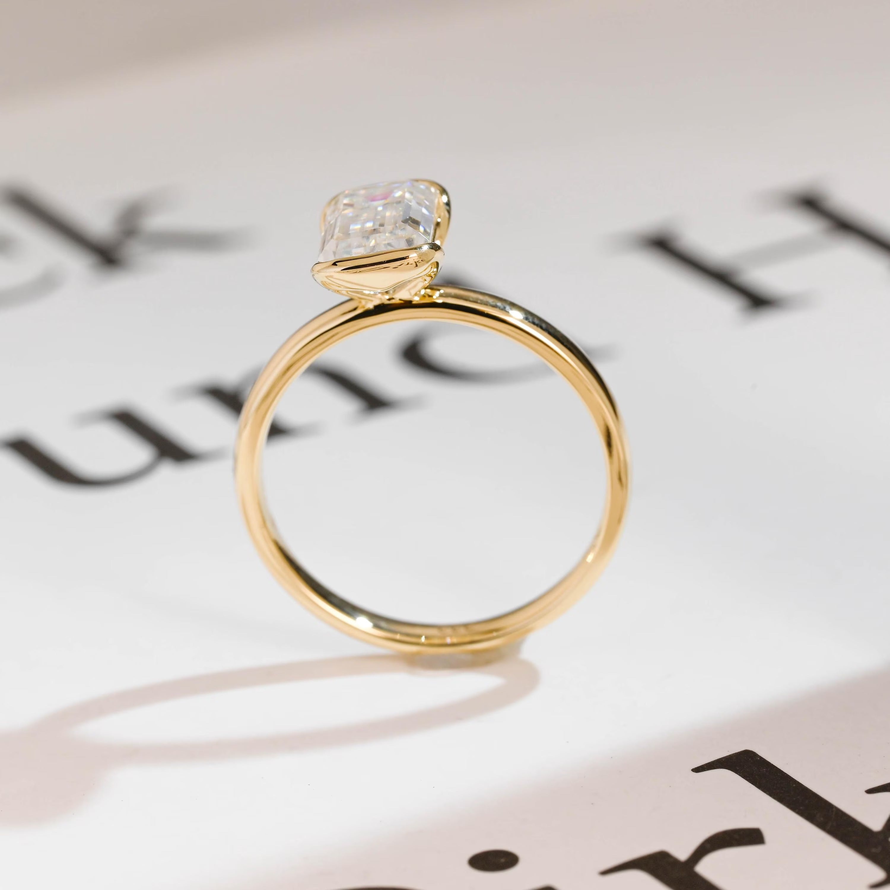 Solid Gold Emerald Cut Moissanite Half Bezel Engagement Ring, Anniversary Gift,
