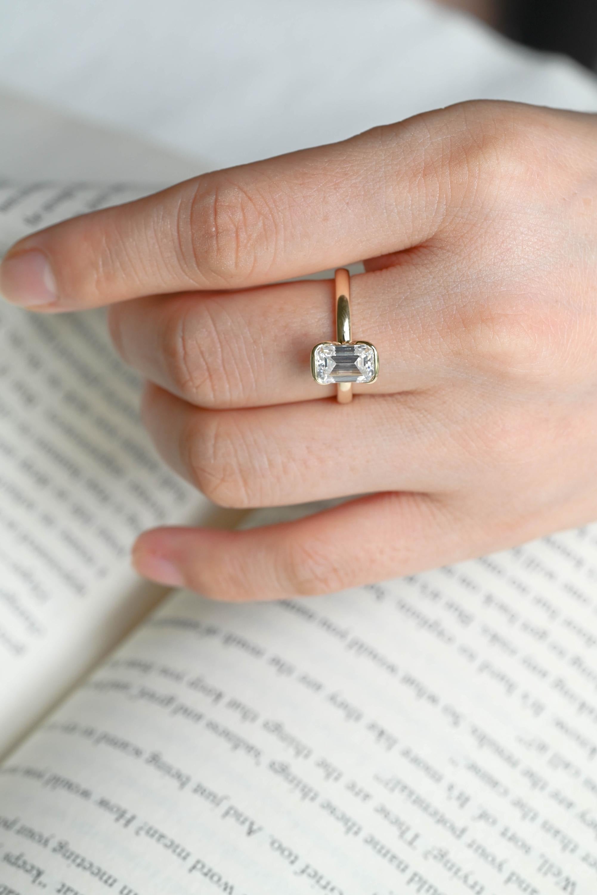 Solid Gold Emerald Cut Moissanite Half Bezel Engagement Ring, Anniversary Gift,