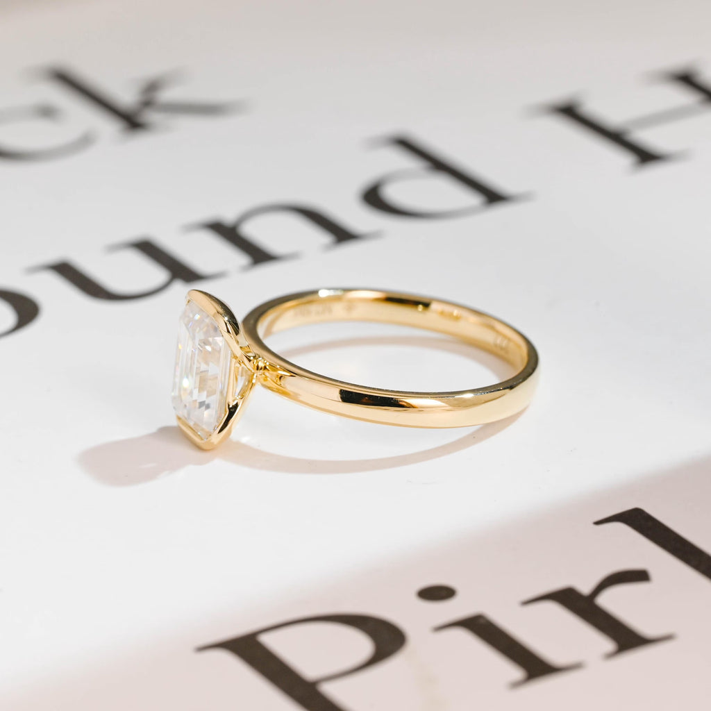 Solid Gold Emerald Cut Moissanite Half Bezel Engagement Ring, Anniversary Gift,