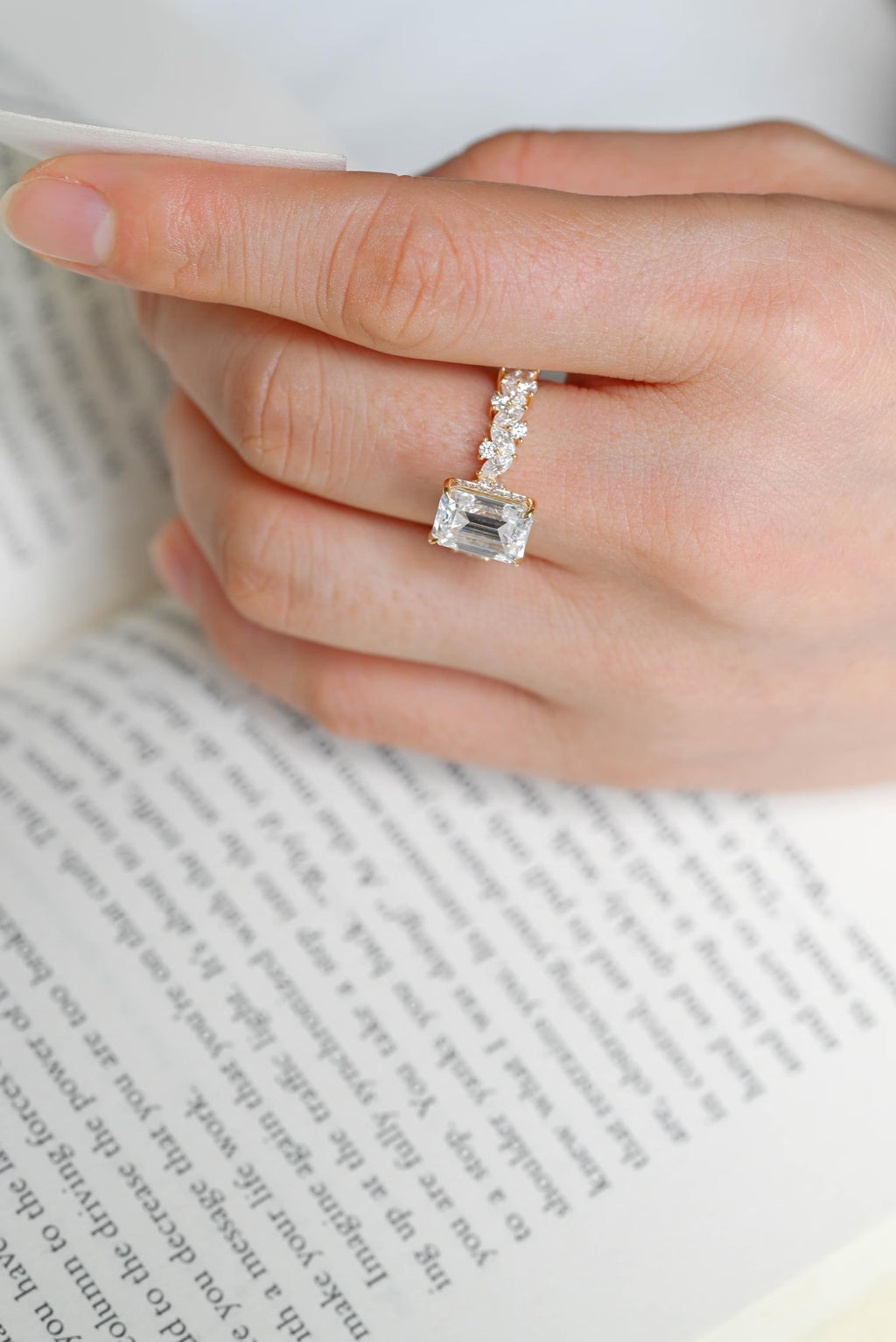 Solid Gold Emerald Cut Moissanite Engagement Ring, Proposal Ring