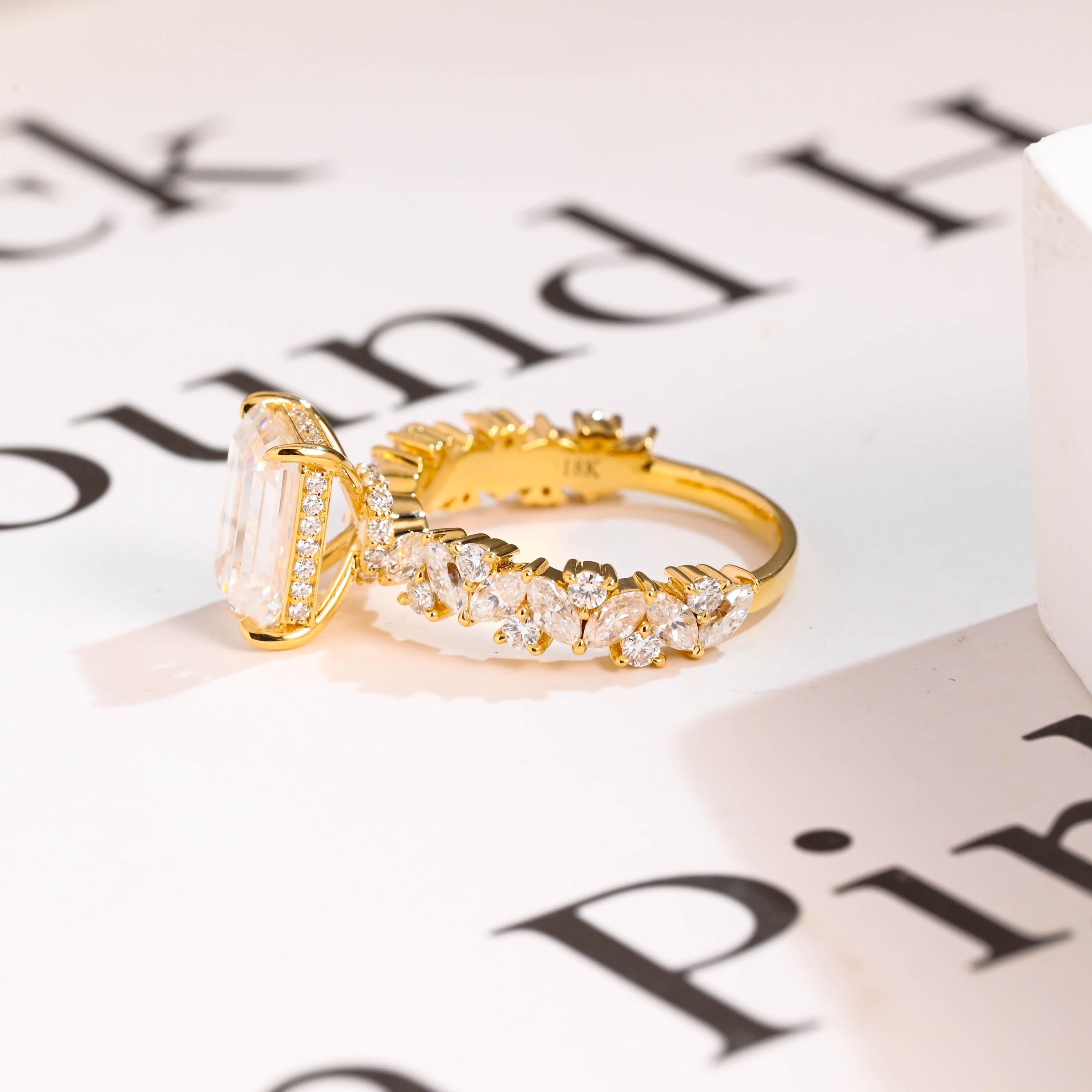 Solid Gold Emerald Cut Moissanite Engagement Ring, Proposal Ring