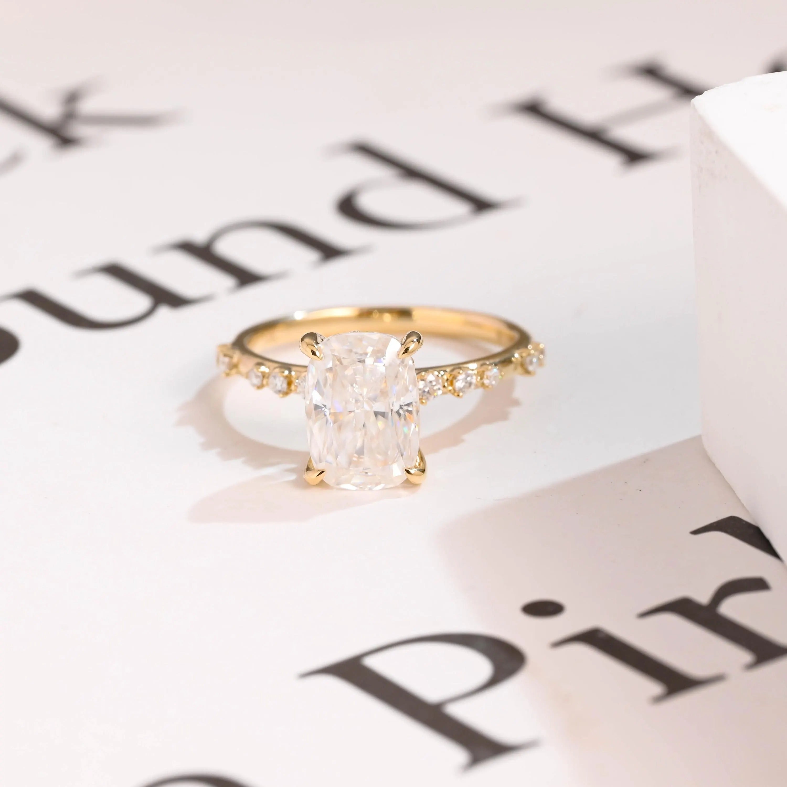 Solid Gold Crushed Ice Elongated Cushion Moissanite Engagement Ring, Anniversary Gift Main image