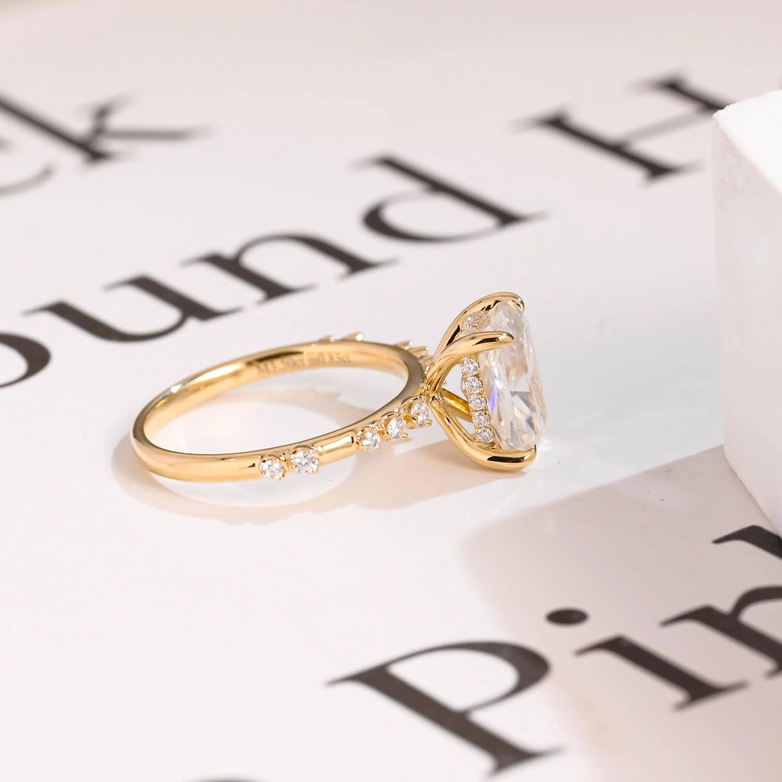 Solid Gold Crushed Ice Elongated Cushion Moissanite Engagement Ring, Anniversary Gift