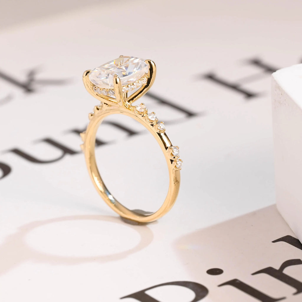 Solid Gold Crushed Ice Elongated Cushion Moissanite Engagement Ring, Anniversary Gift
