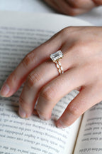 Solid Gold Elongated-Emerald Cut Moissanite Engagement Ring, Eternity Pave Ring ONLY RING