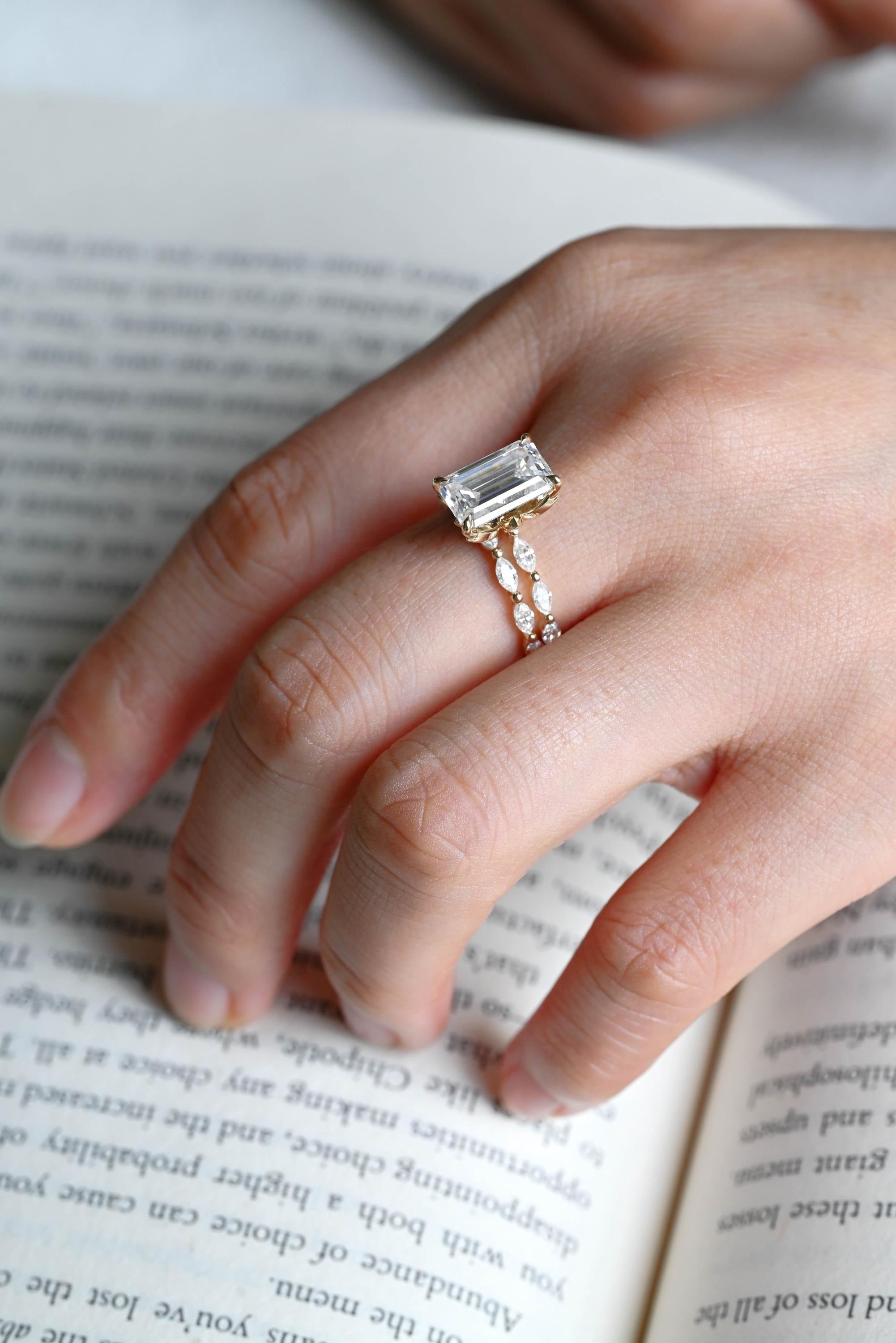 Solid Gold Elongated-Emerald Cut Moissanite Engagement Ring, Eternity Pave Ring ONLY RING