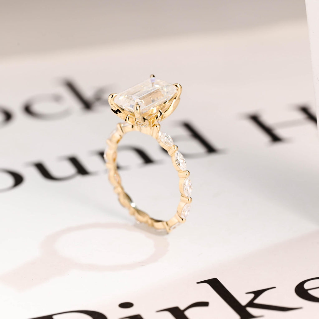Solid Gold Elongated-Emerald Cut Moissanite Engagement Ring, Eternity Pave Ring ONLY RING