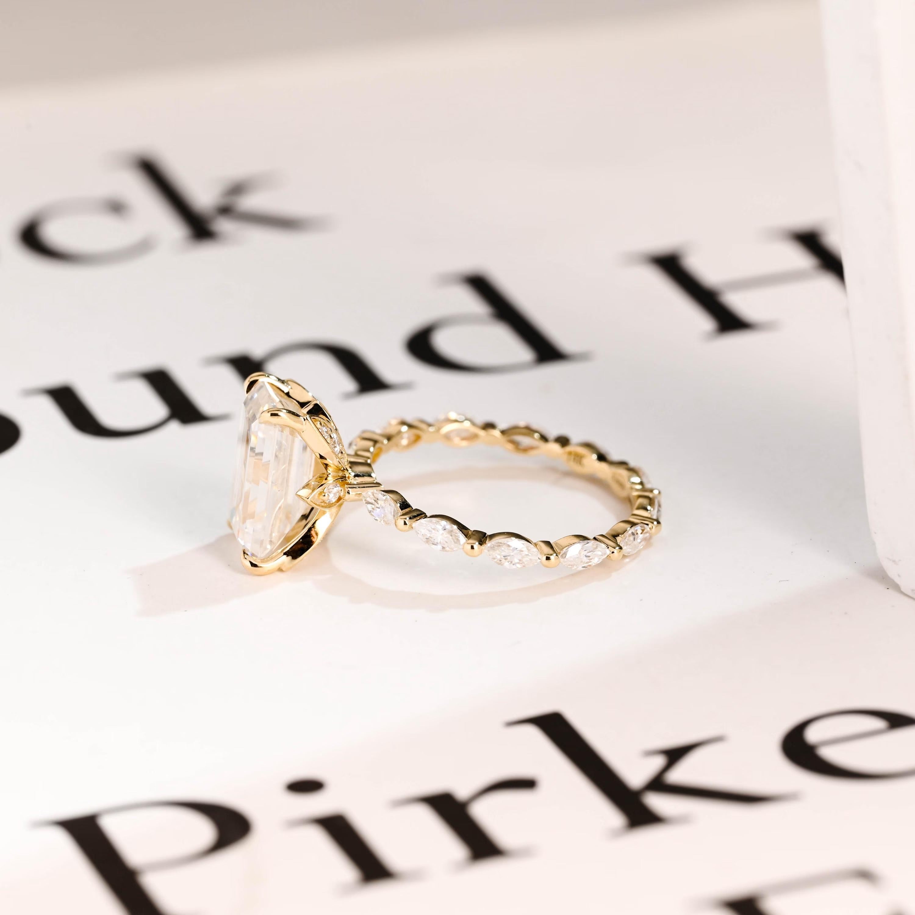 Solid Gold Elongated-Emerald Cut Moissanite Engagement Ring, Eternity Pave Ring ONLY RING