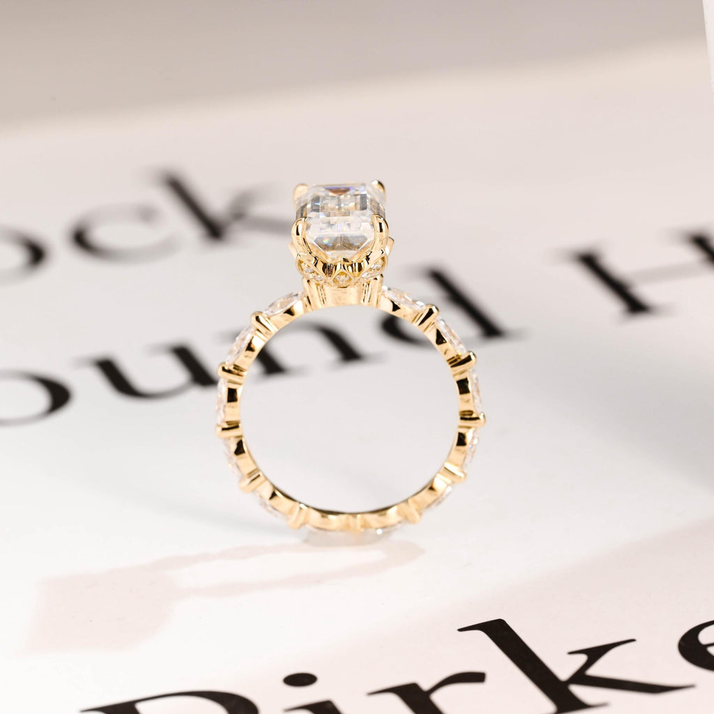 Solid Gold Elongated-Emerald Cut Moissanite Engagement Ring, Eternity Pave Ring ONLY RING