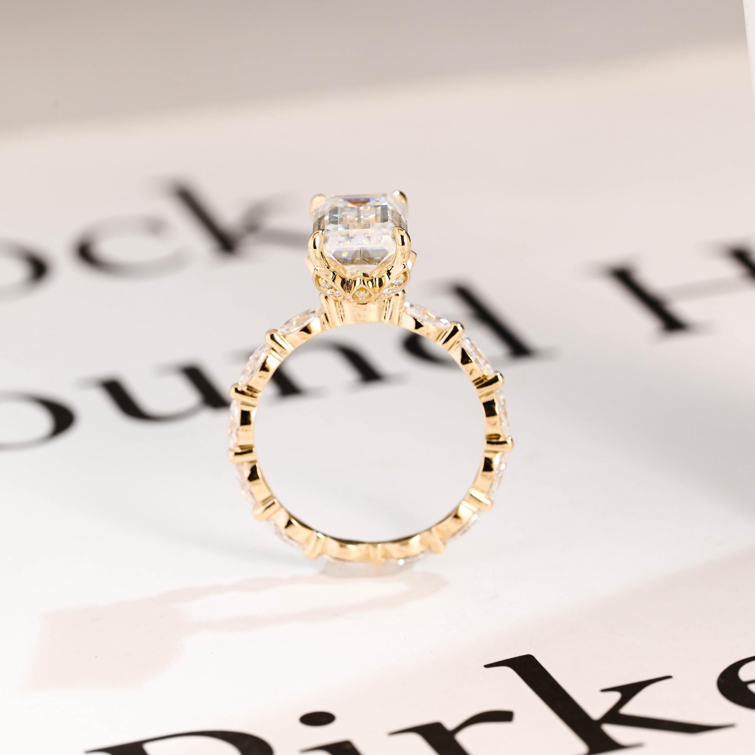 Solid Gold Elongated-Emerald Cut Moissanite Engagement Ring, Eternity Pave Ring ONLY RING