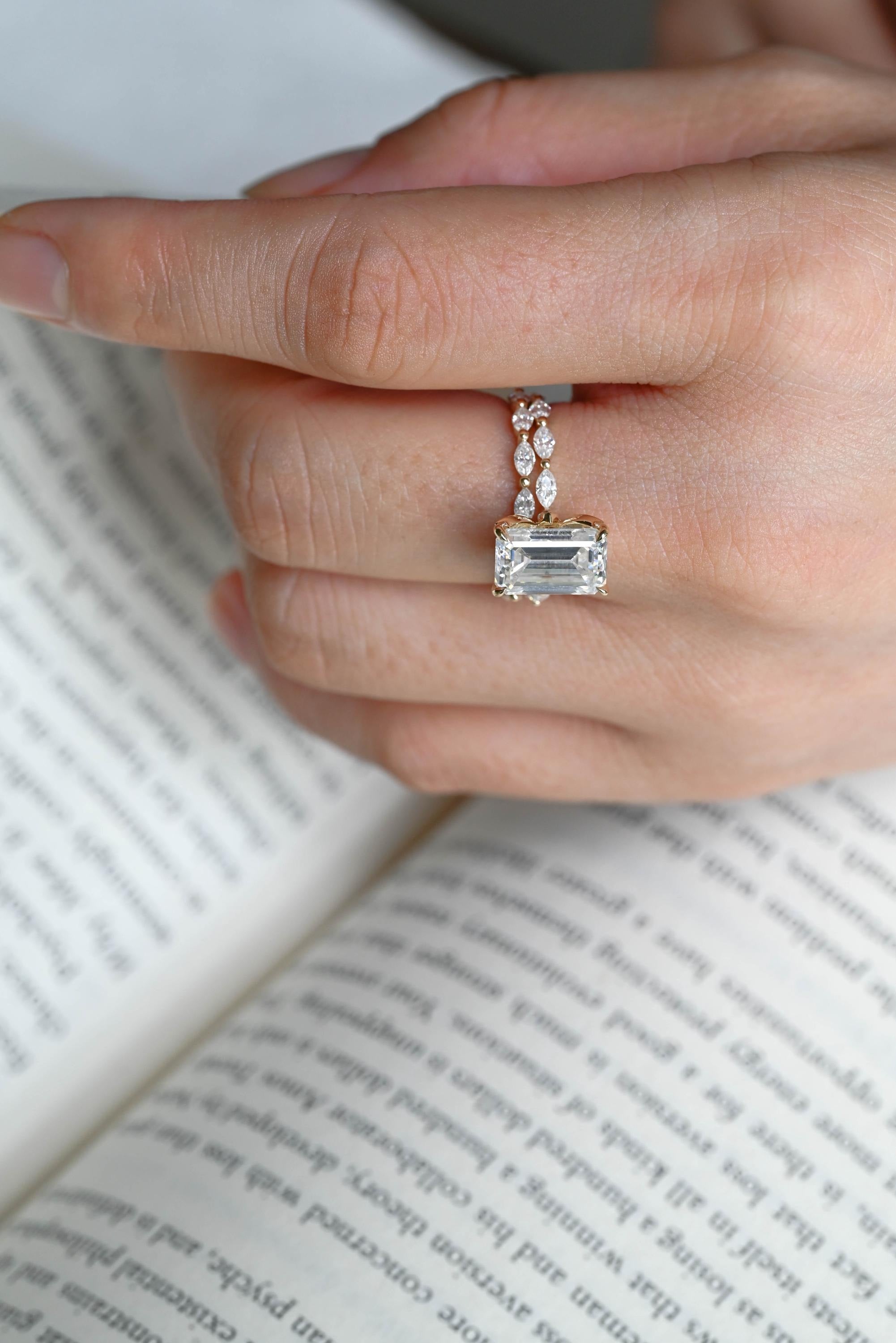 Solid Gold Elongated-Emerald Cut Moissanite Engagement Ring, Eternity Pave Ring ONLY RING