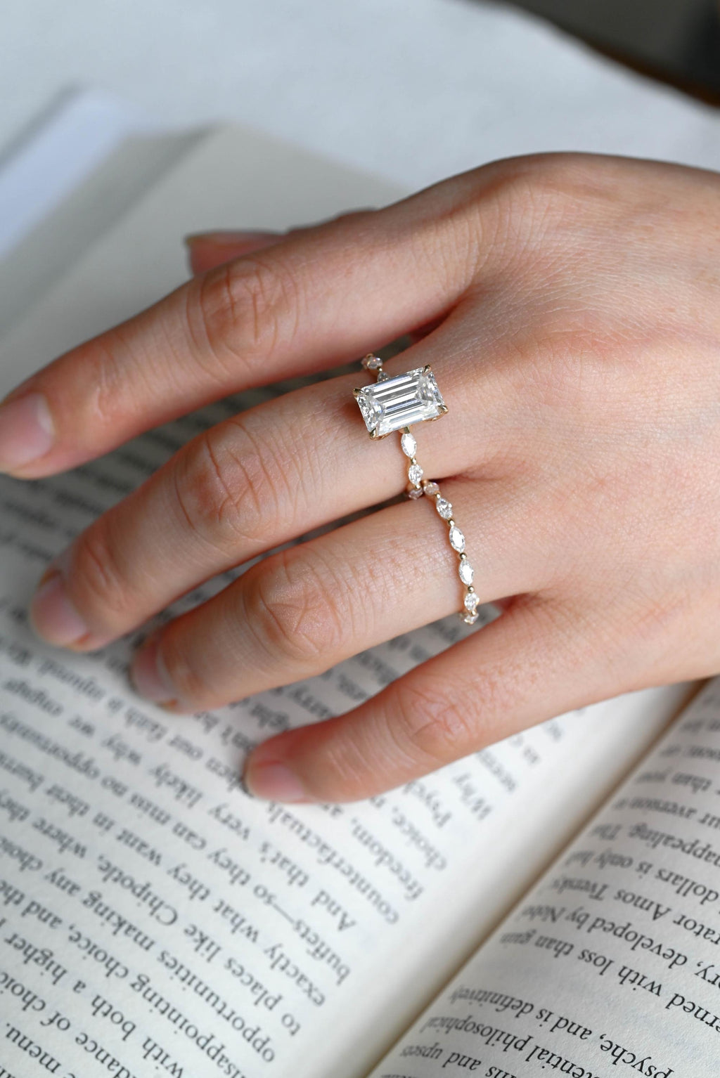 Solid Gold Elongated-Emerald Cut Moissanite Engagement Ring, Eternity Pave Ring ONLY RING