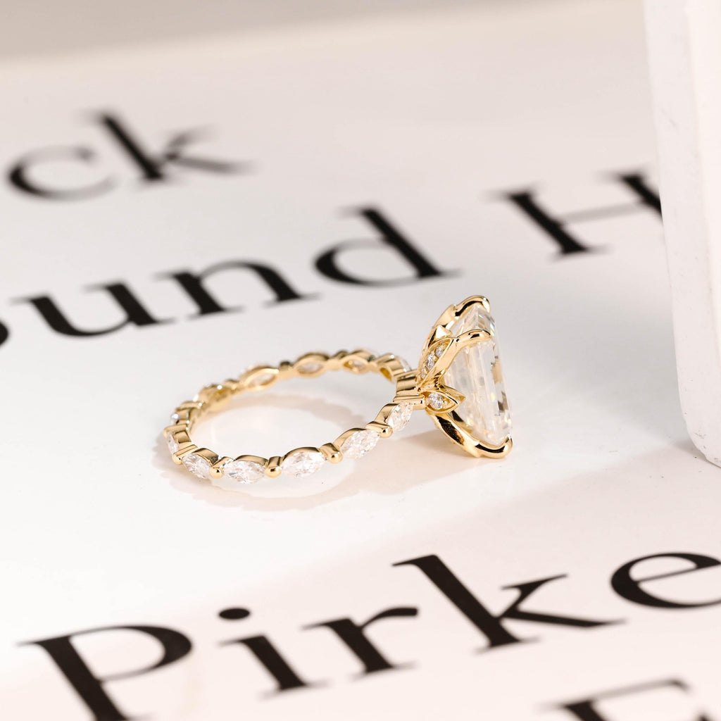 Solid Gold Elongated-Emerald Cut Moissanite Engagement Ring, Eternity Pave Ring ONLY RING