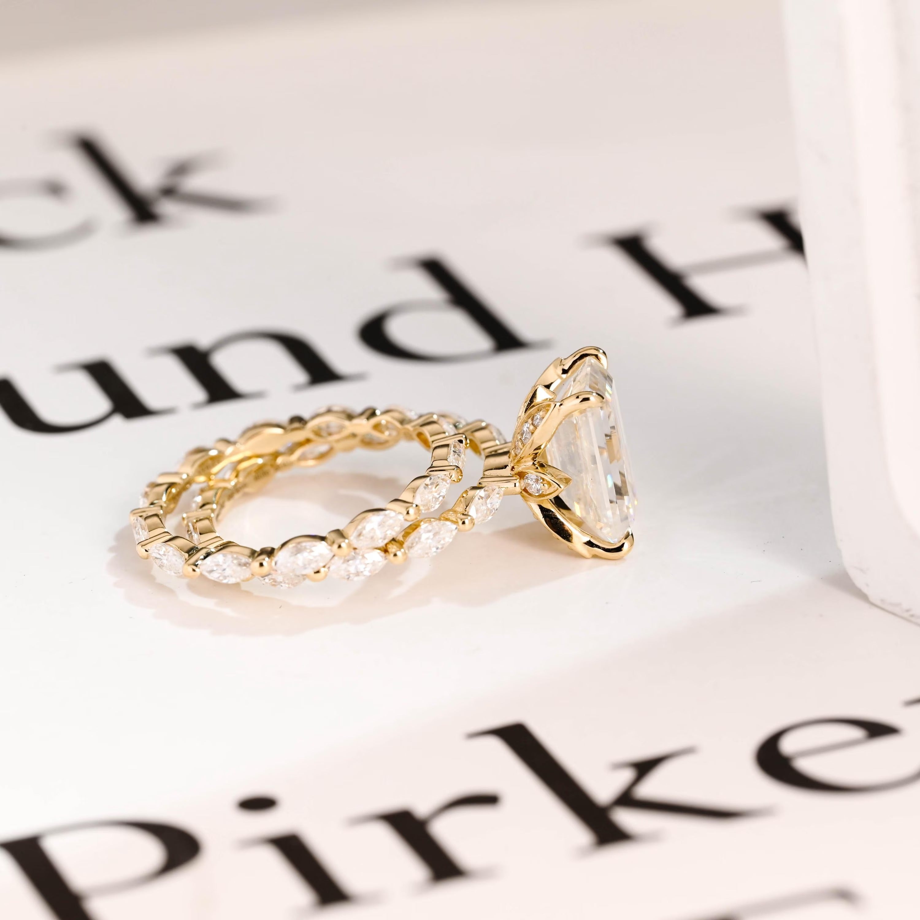 Solid Gold Elongated-Emerald Cut Moissanite Engagement Ring Set