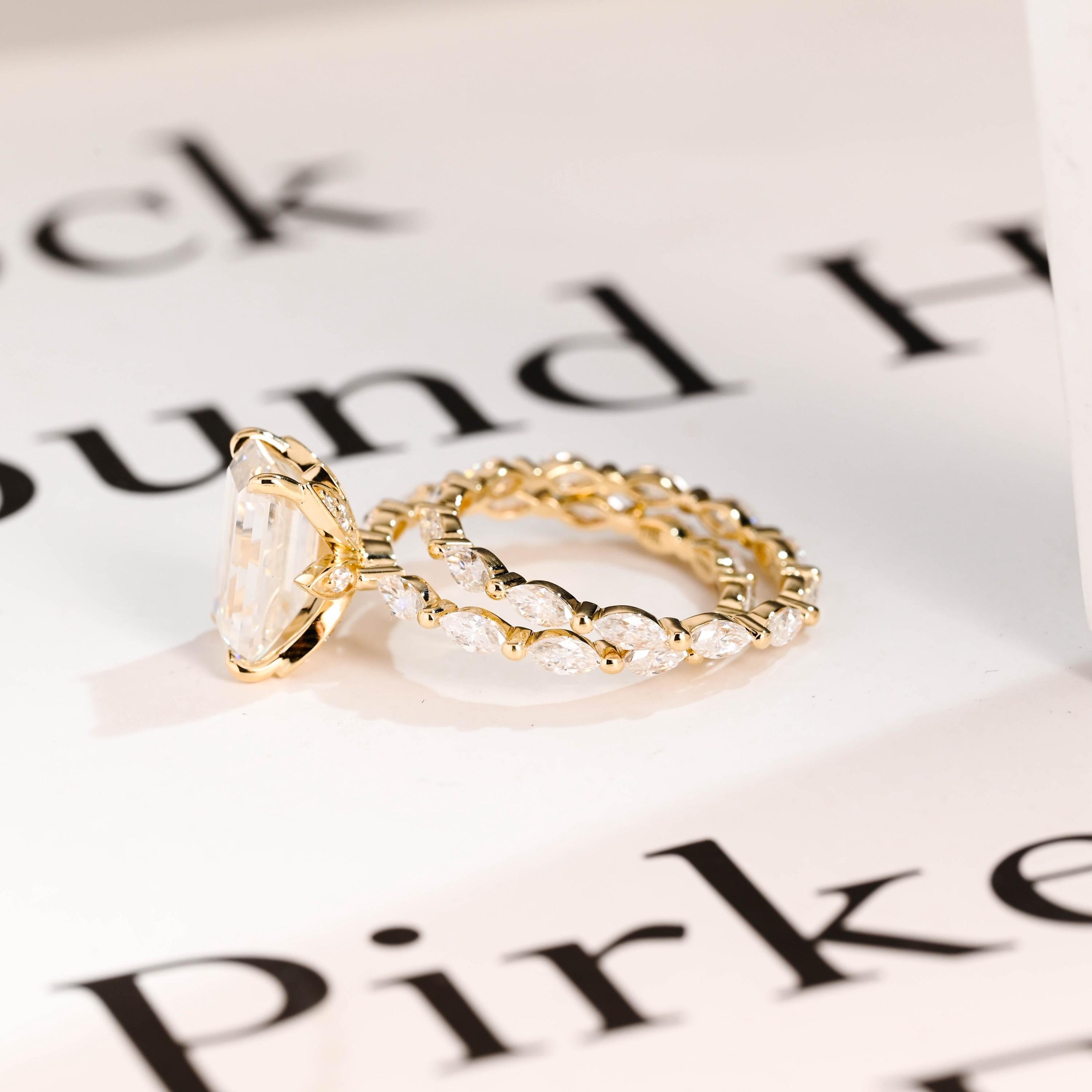 Solid Gold Elongated-Emerald Cut Moissanite Engagement Ring Set