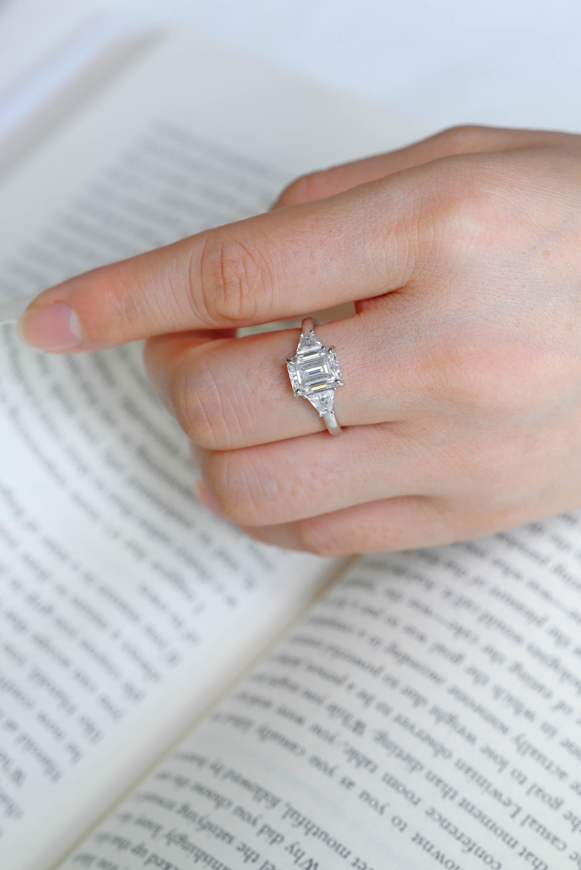 Solid Gold Emerald Cut Moissanite Engagement Ring With Trapezoid Accent, Three Stone Ring