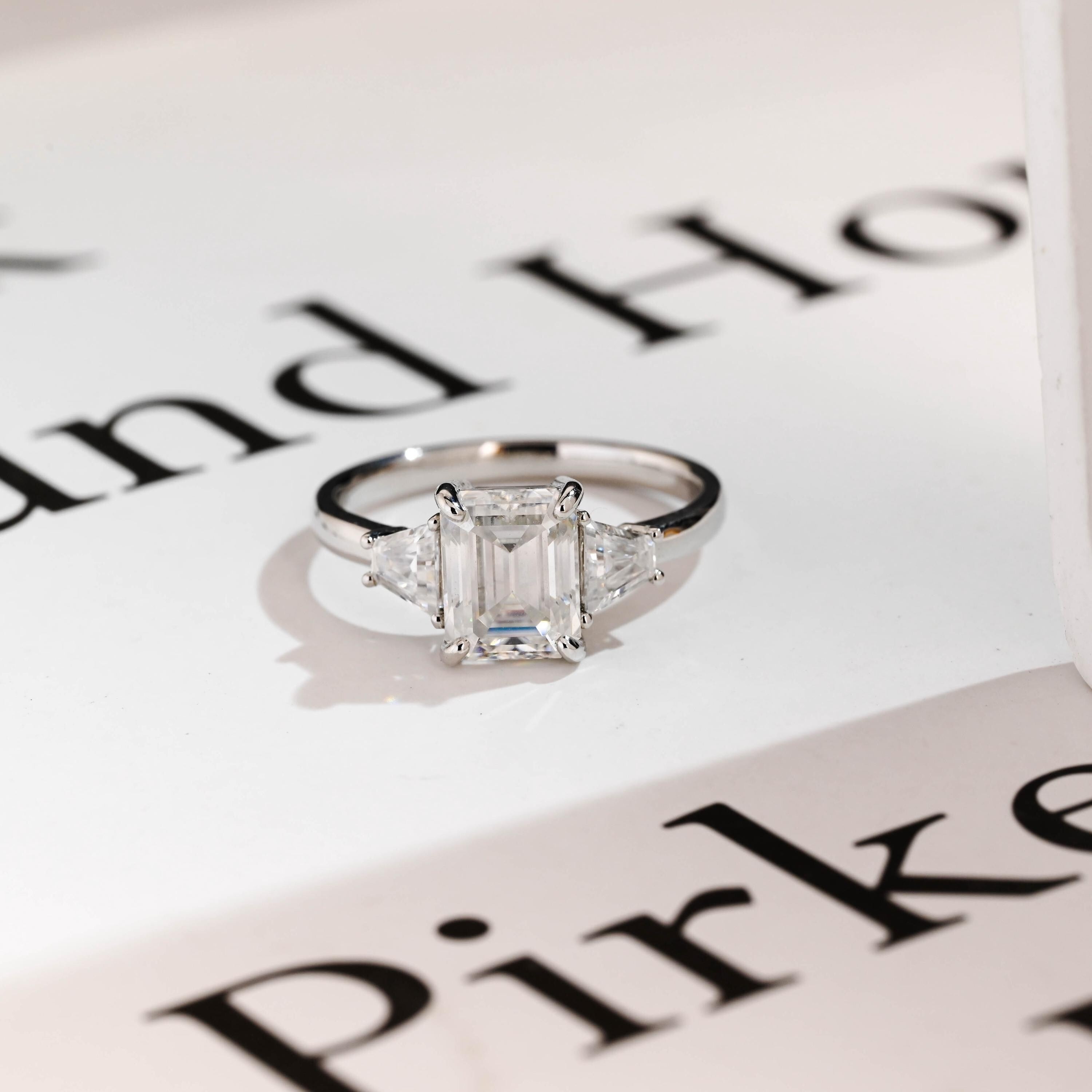 Solid Gold Emerald Cut Moissanite Engagement Ring With Trapezoid Accent, Three Stone Ring Main image