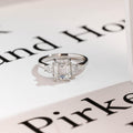 Solid Gold Emerald Cut Moissanite Engagement Ring With Trapezoid Accent, Three Stone Ring