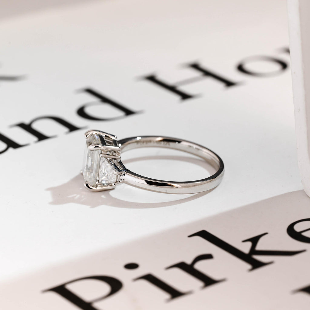 Solid Gold Emerald Cut Moissanite Engagement Ring With Trapezoid Accent, Three Stone Ring