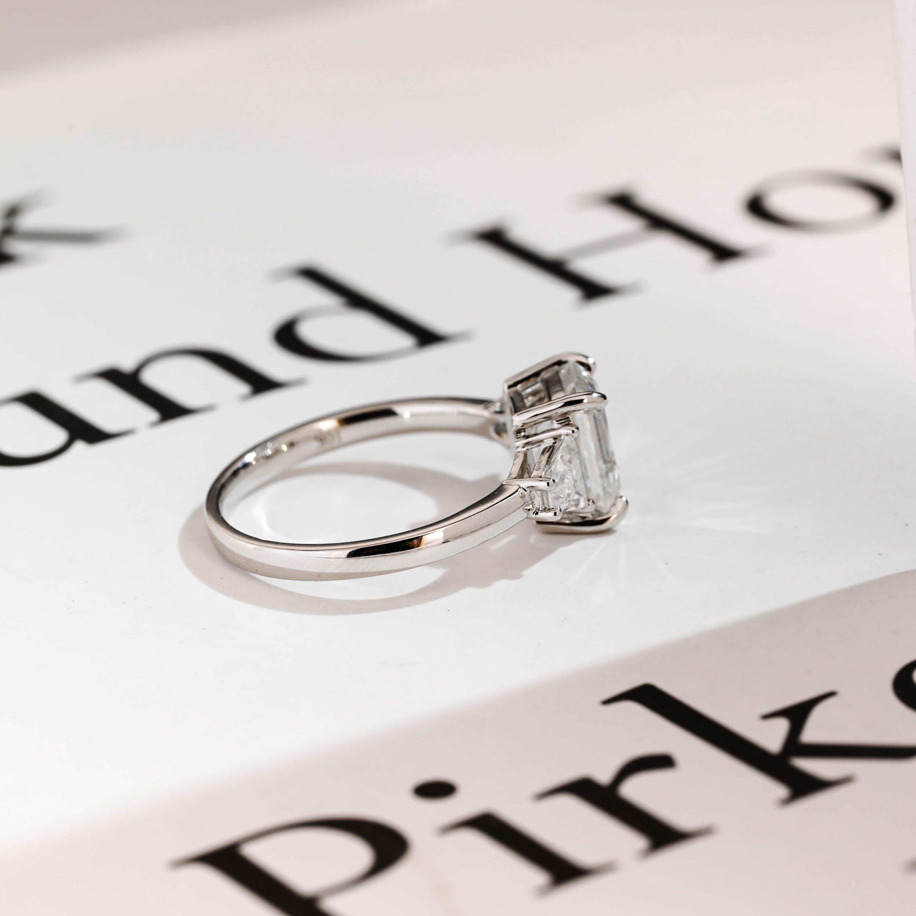 Solid Gold Emerald Cut Moissanite Engagement Ring With Trapezoid Accent, Three Stone Ring