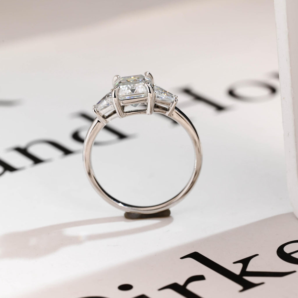 Solid Gold Emerald Cut Moissanite Engagement Ring With Trapezoid Accent, Three Stone Ring