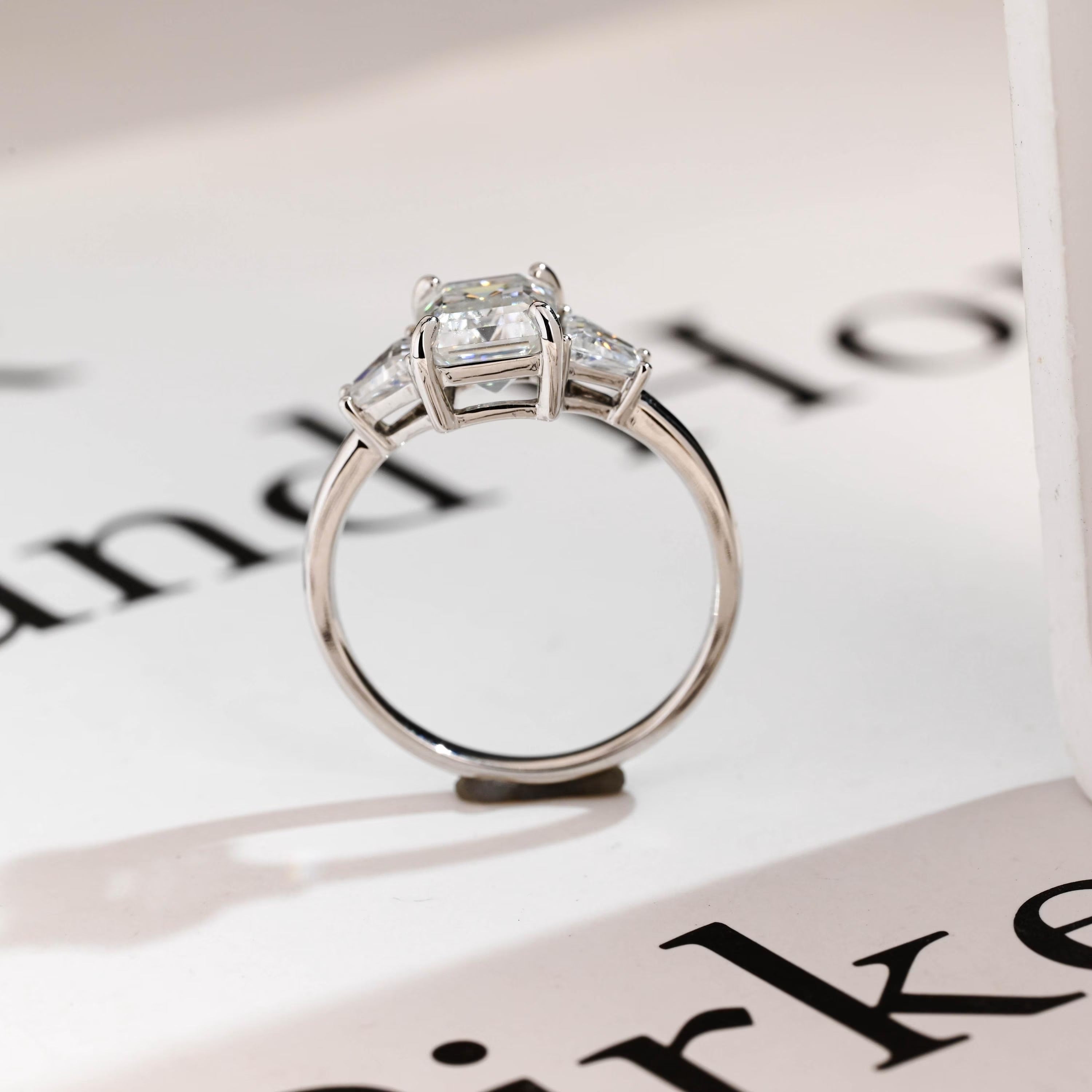 Solid Gold Emerald Cut Moissanite Engagement Ring With Trapezoid Accent, Three Stone Ring