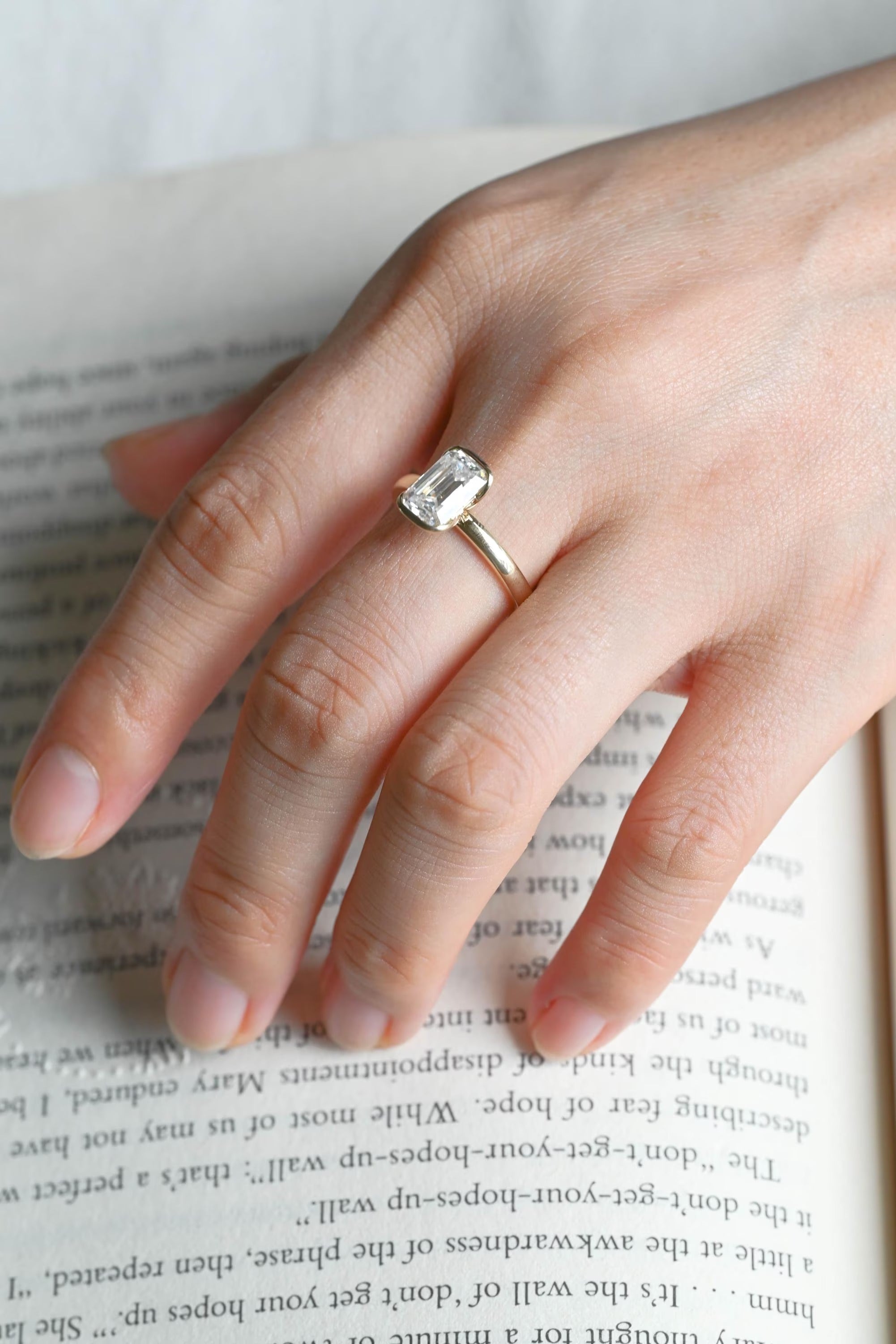 Solid Gold Emerald Cut Moissanite Half Bezel Engagement Ring, Anniversary Gift,