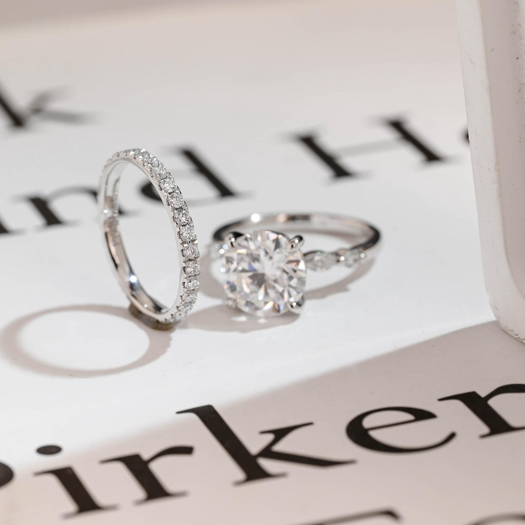Solid Gold Round Moissanite Engagement Ring Set, Delicate Wedding Band Set