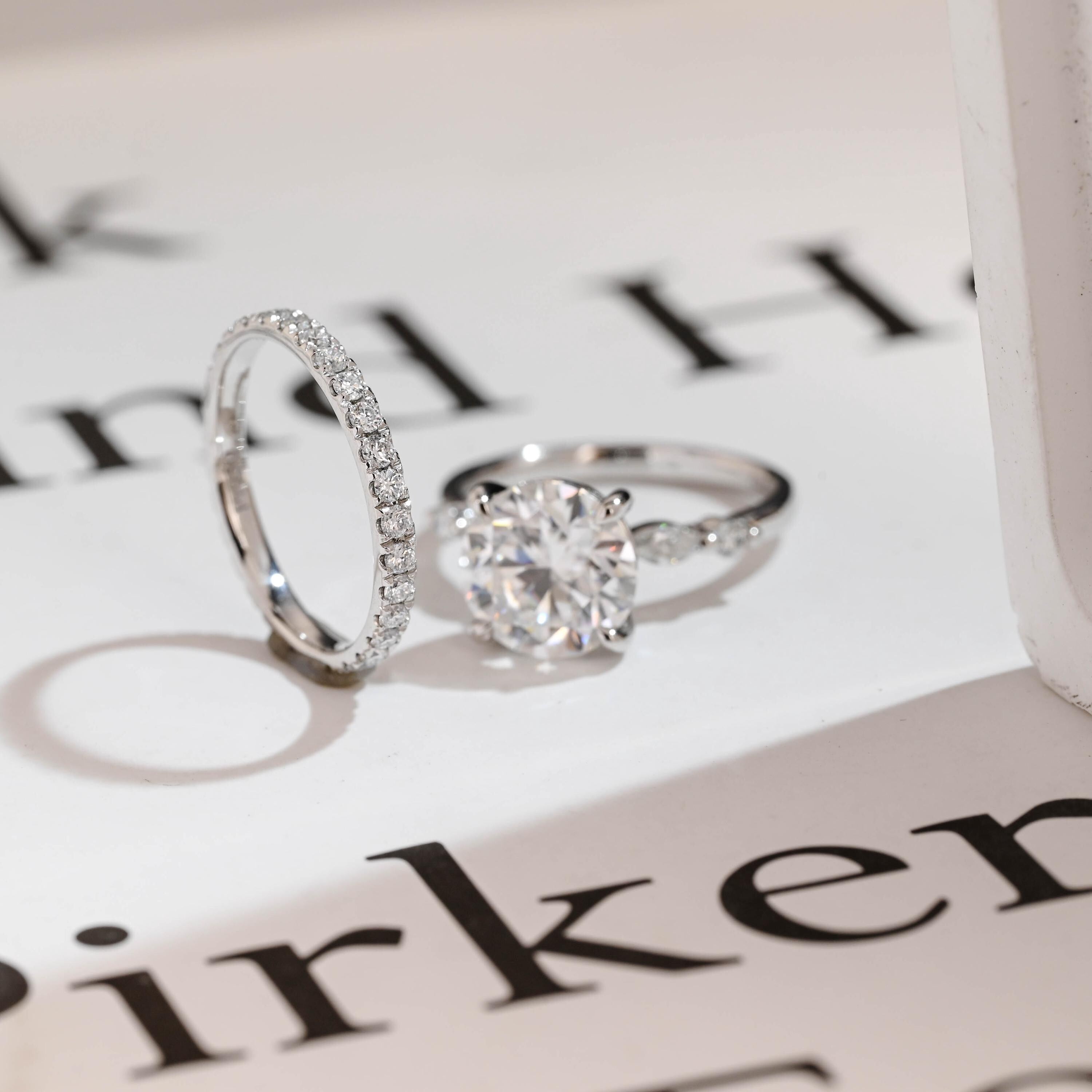 Solid Gold Round Moissanite Engagement Ring Set, Delicate Wedding Band Set