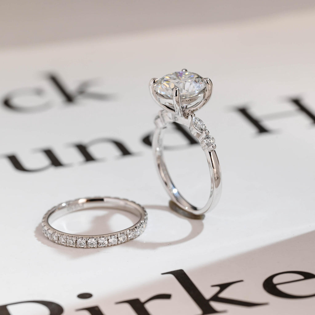 Solid Gold Round Moissanite Engagement Ring Set, Delicate Wedding Band Set