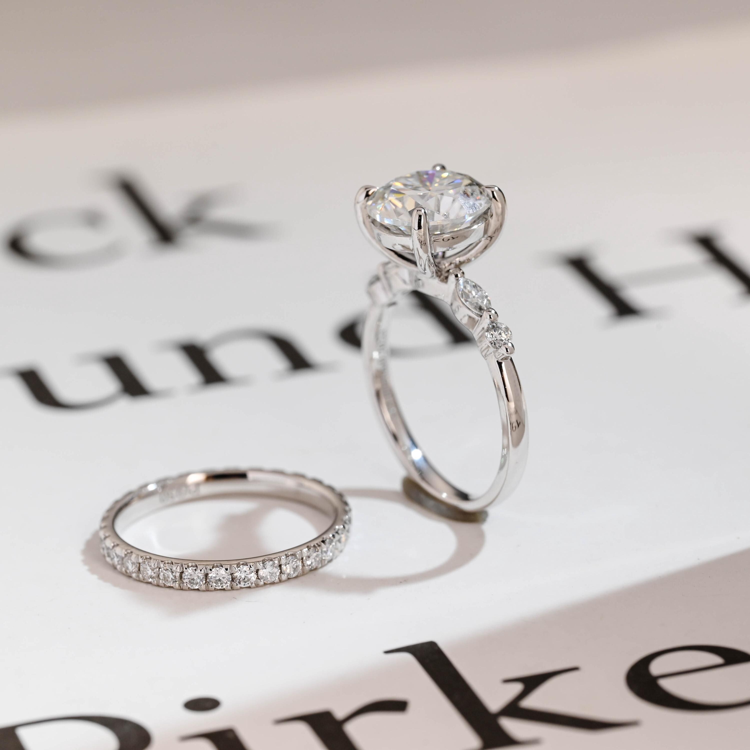 Solid Gold Round Moissanite Engagement Ring Set, Delicate Wedding Band Set