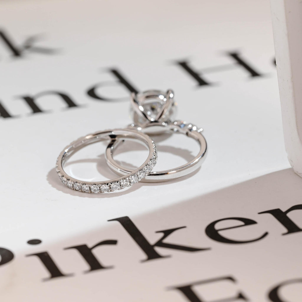Solid Gold Round Moissanite Engagement Ring Set, Delicate Wedding Band Set