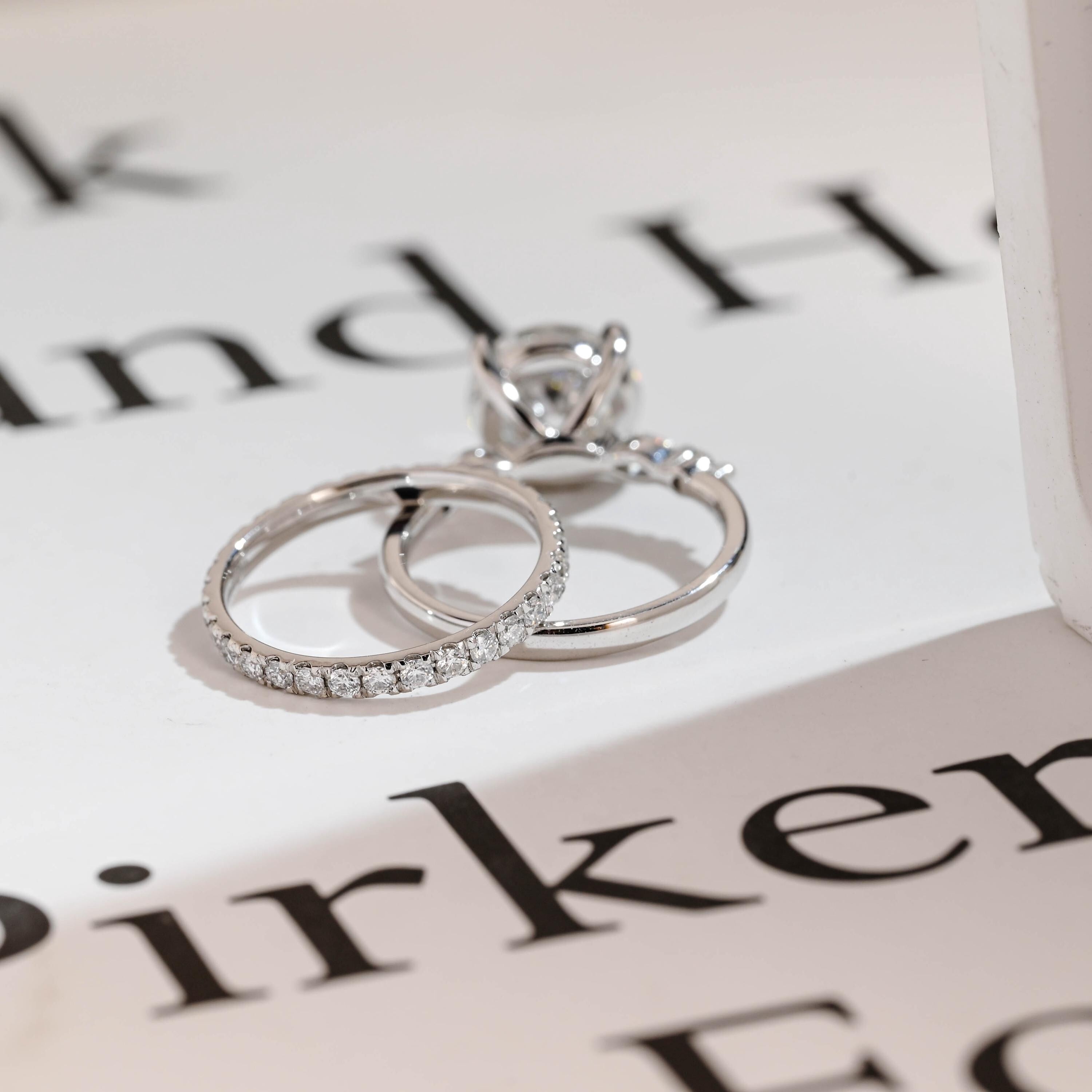 Solid Gold Round Moissanite Engagement Ring Set, Delicate Wedding Band Set