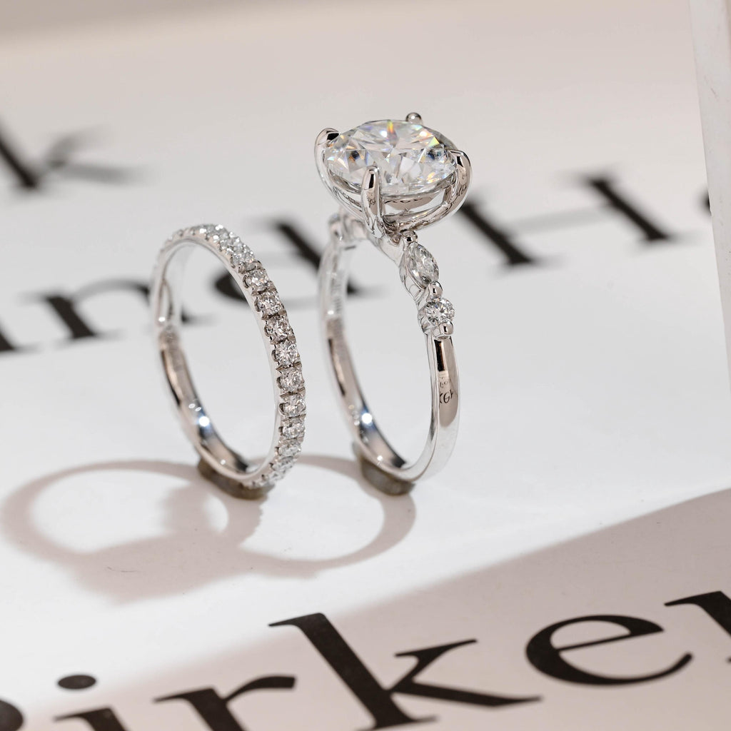 Solid Gold Round Moissanite Engagement Ring Set, Delicate Wedding Band Set
