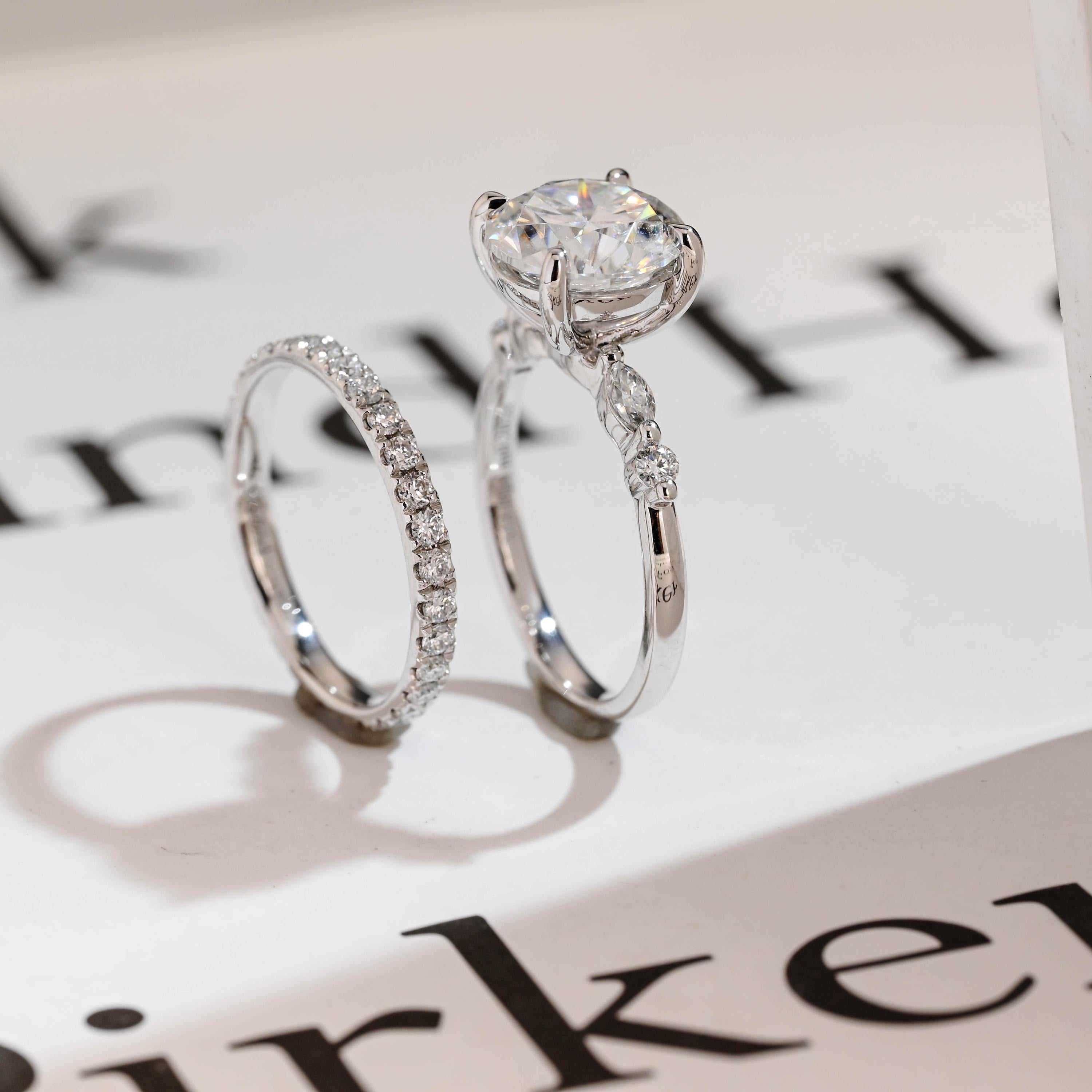 Solid Gold Round Moissanite Engagement Ring Set, Delicate Wedding Band Set