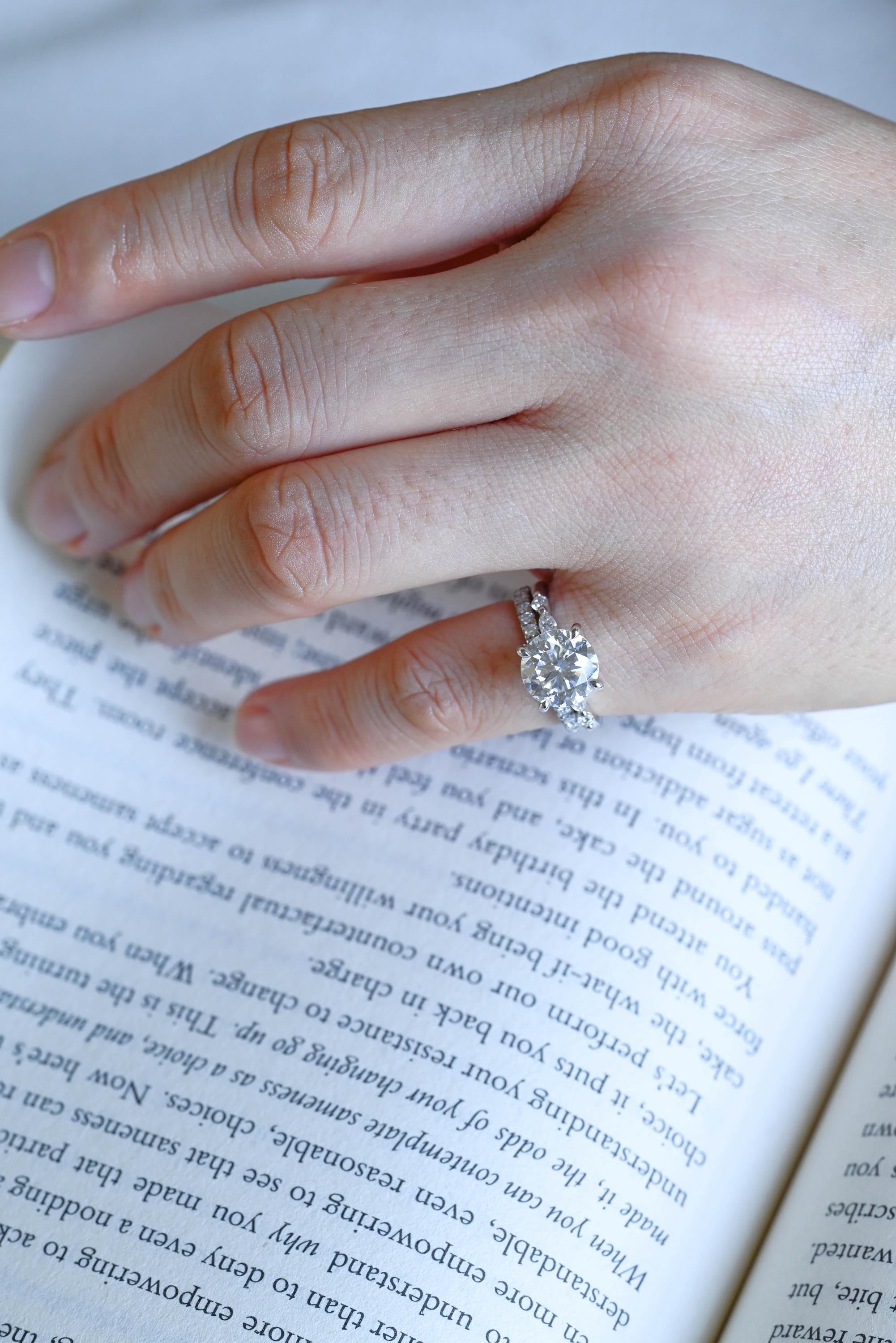 Solid Gold Round Moissanite Engagement Ring Set, Delicate Wedding Band Set