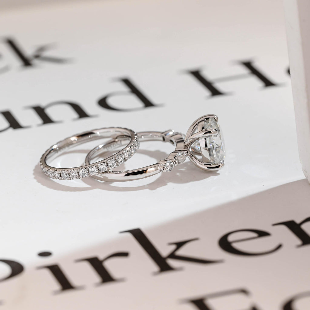 Solid Gold Round Moissanite Engagement Ring Set, Delicate Wedding Band Set