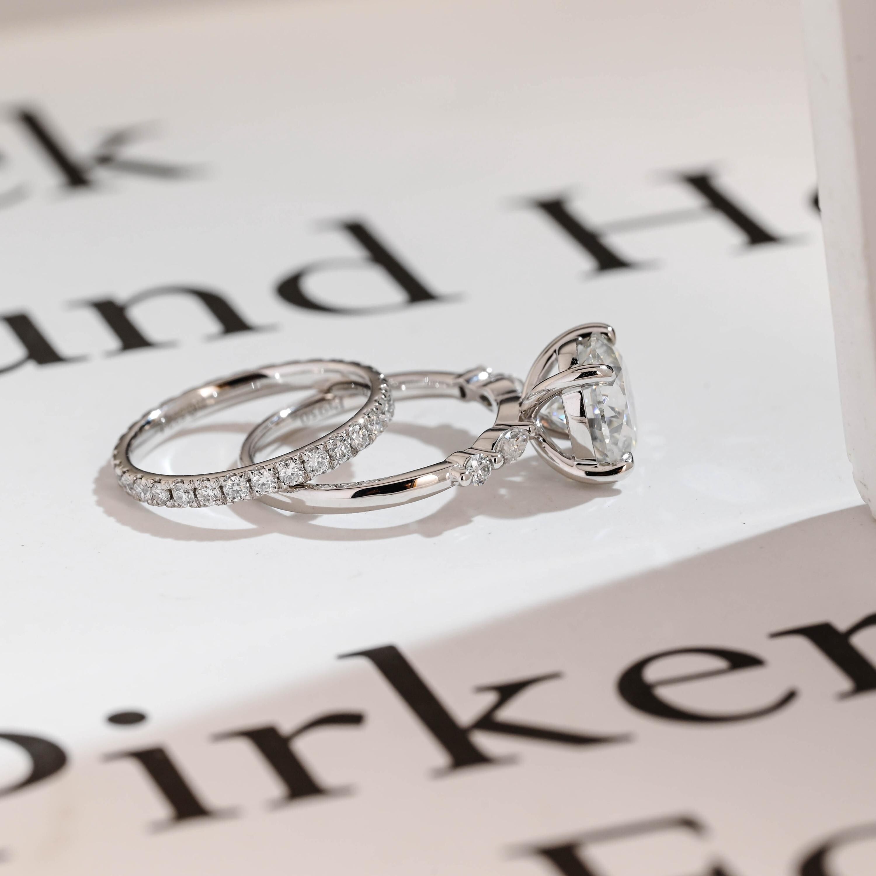 Solid Gold Round Moissanite Engagement Ring Set, Delicate Wedding Band Set