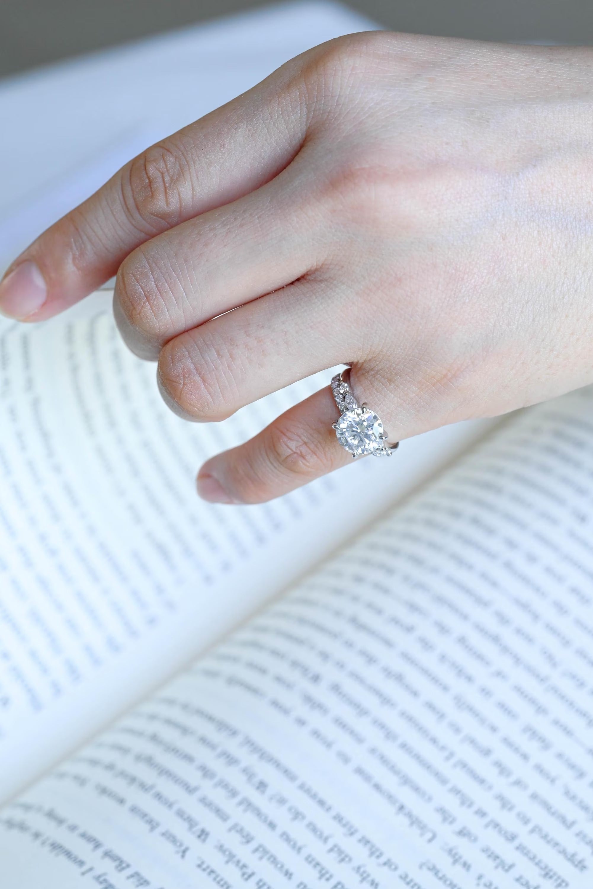 Solid Gold Round Moissanite Engagement Ring Set, Delicate Wedding Band Set