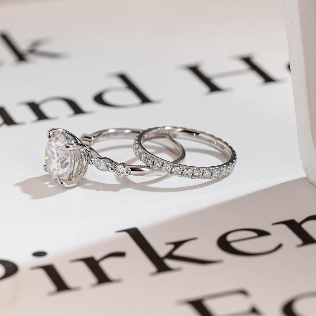 Solid Gold Round Moissanite Engagement Ring Set, Delicate Wedding Band Set