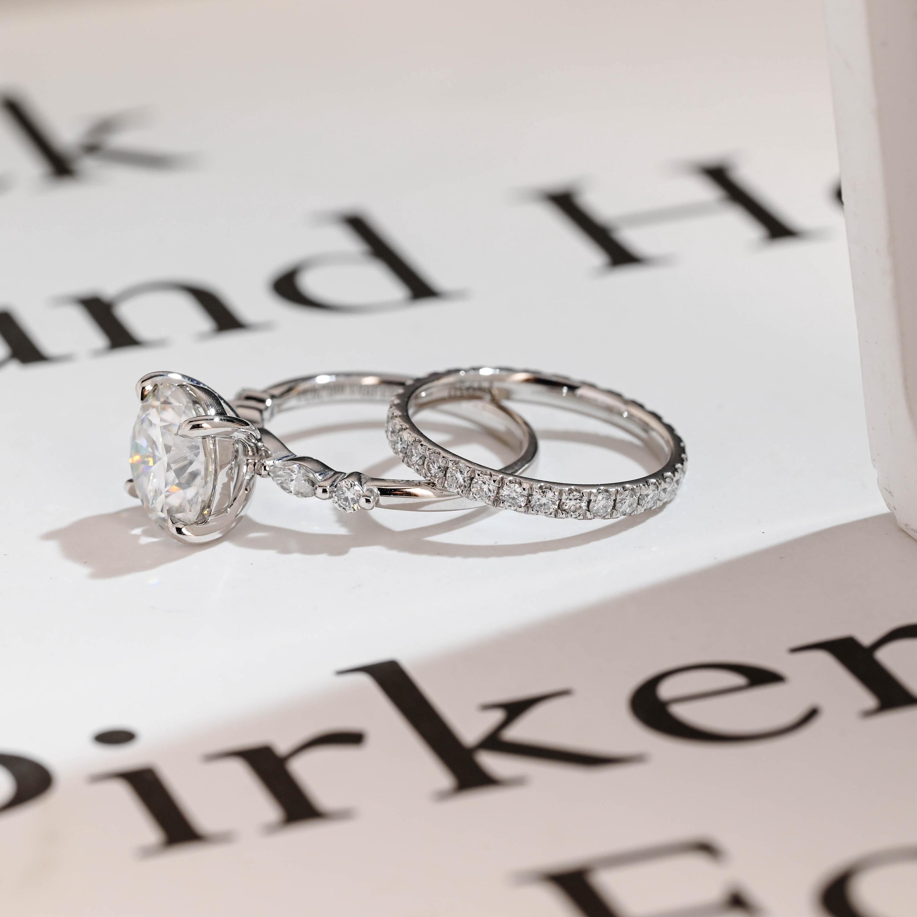 Solid Gold Round Moissanite Engagement Ring Set, Delicate Wedding Band Set