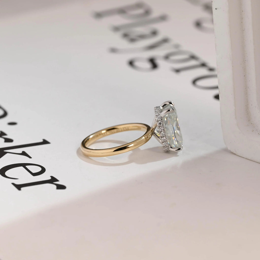 Solid Gold Elongated Crushed Ice Cushion Moissanite Engagement Ring, Two Tone Custom Ring