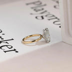 Solid Gold Elongated Crushed Ice Cushion Moissanite Engagement Ring, Two Tone Custom Ring