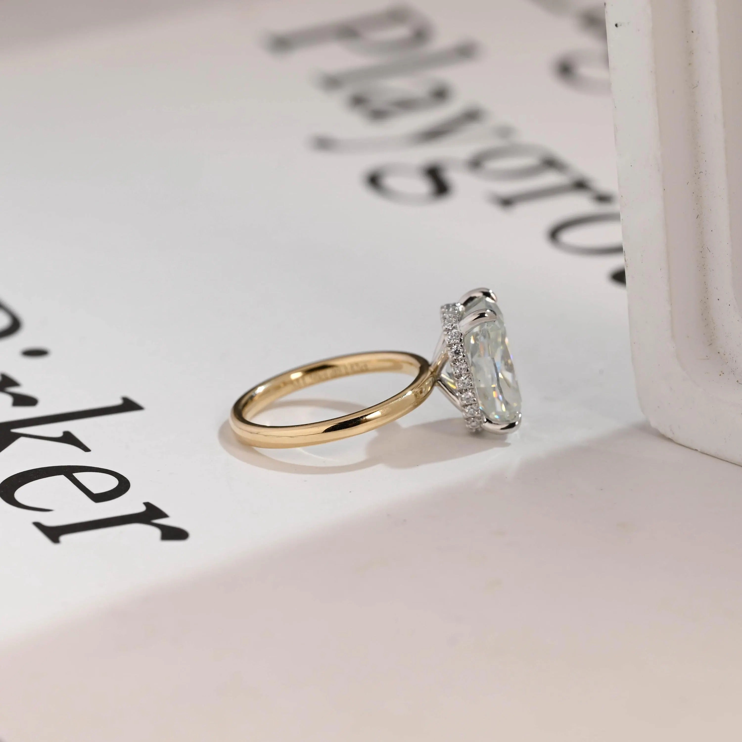 Solid Gold Elongated Crushed Ice Cushion Moissanite Engagement Ring, Two Tone Custom Ring