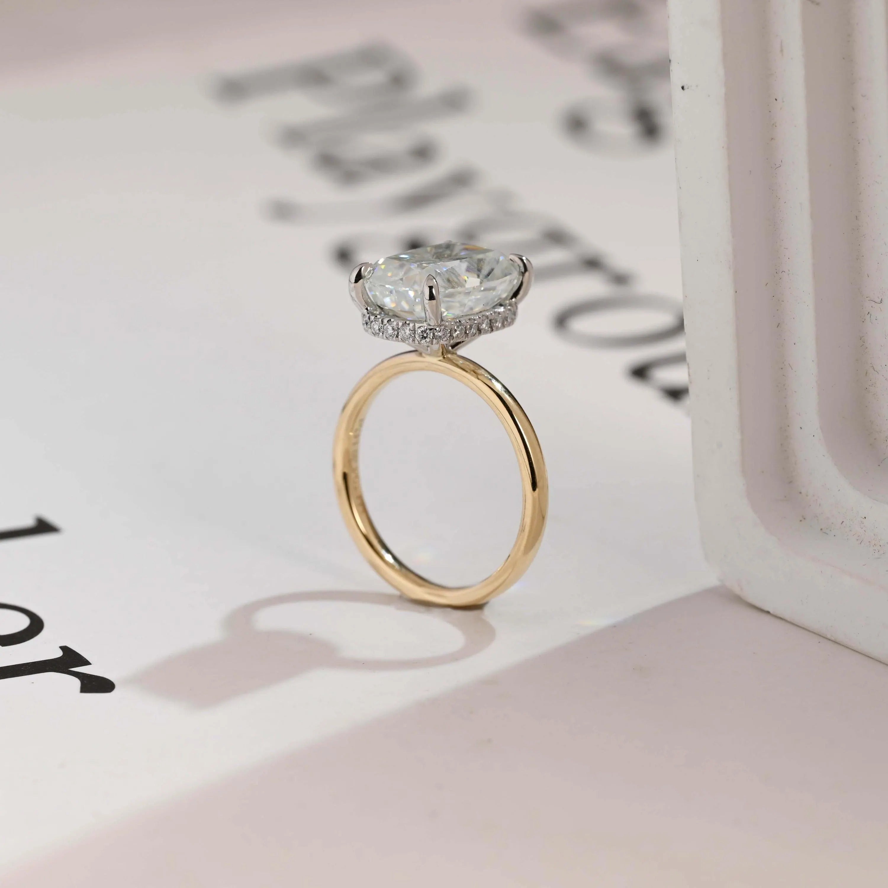 Solid Gold Elongated Crushed Ice Cushion Moissanite Engagement Ring, Two Tone Custom Ring